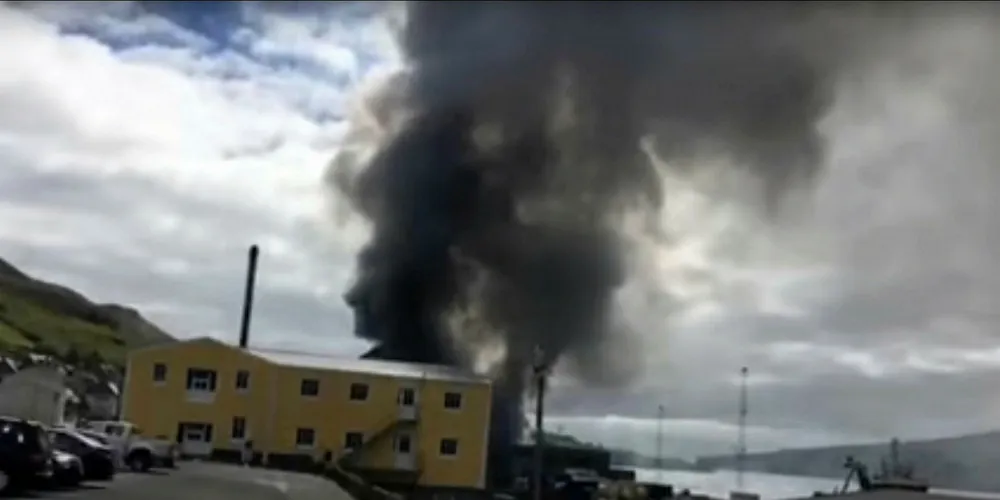 Video frame capture from the footage of the fire at Faroe Islands fish processing plant.