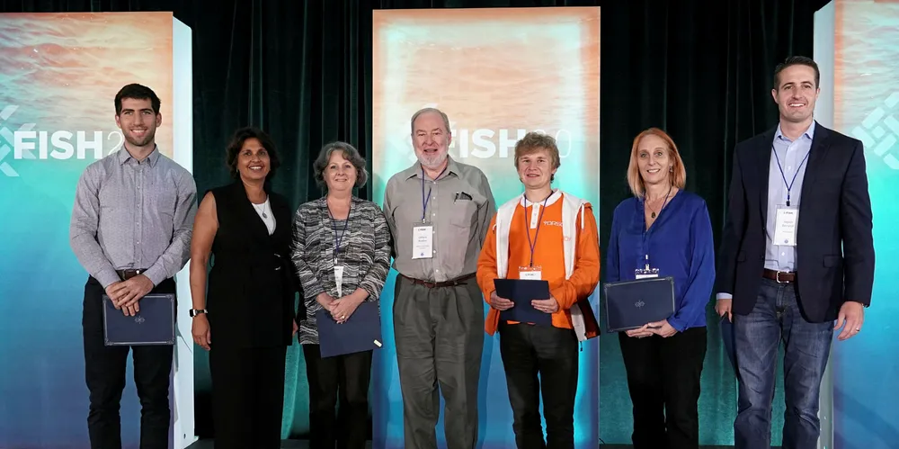 Fish 2.0 2019 Top Innovators: David Cutler, CEO and cofounder, Fortuna; Monica Jain, founder and executive director, Fish 2.0; Lisa Elliott, managing director, Australian Crayfish Hatchery; Clifford Bradley, partner, Montana Microbial Products; Anton Trantin, CEO, Yorso; Liane Thompson, CEO, Aquaai; Jayson Berryhill, co-founder, Wholechain.