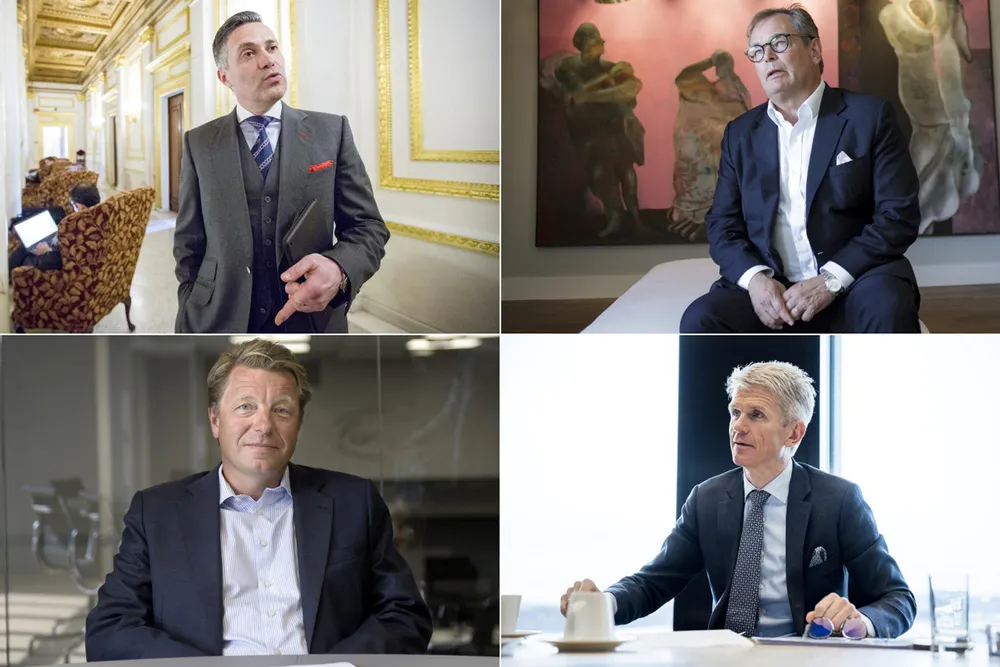 Øverst fra venstre: Clarksons Securities-sjef Erik Helberg, arbeidende styreleder i ABG Sundal Collier Knut Brundtland, Carnegie-sjef Christian Begby og Pareto-sjef Christian Jomaas.