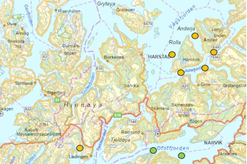 Kartet viser hvor det er rapportert om skadelige alger.