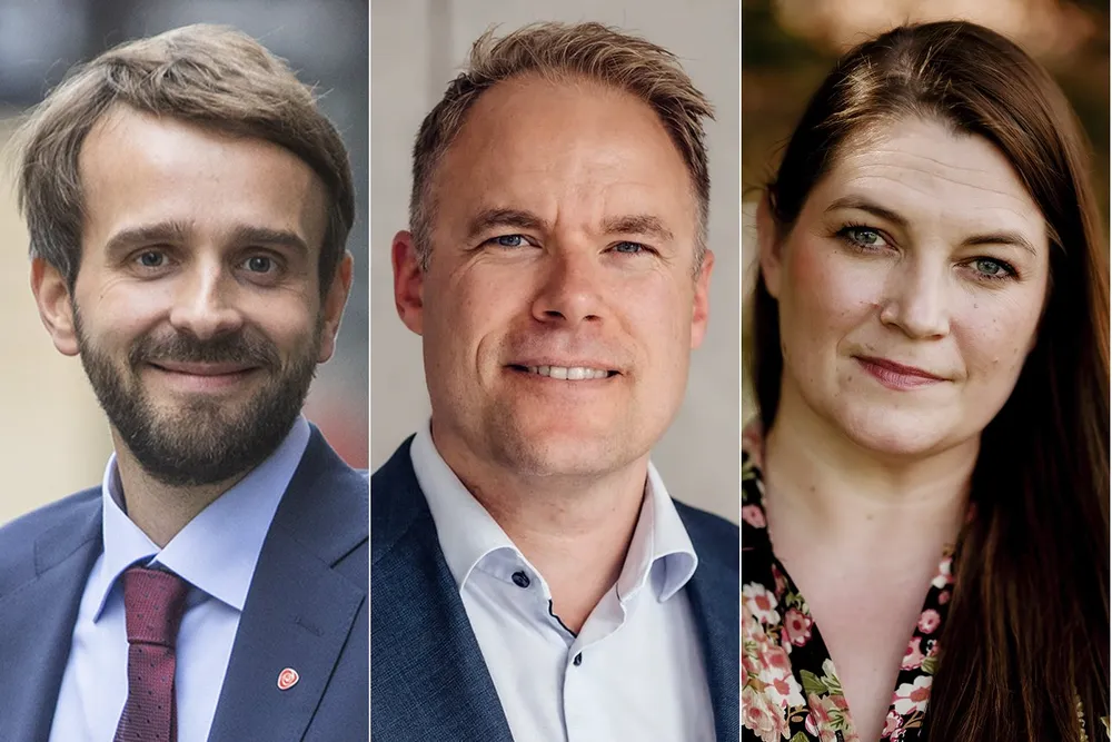 Her er tre av de mest sentrale personene i styringen av Argentum de siste årene. Fra venstre tidligere næringsminister Jan Christian Vestre (Ap), Argentum-topp Espen Langeland og nåværende næringsminister Cecilie Myrseth (Ap).