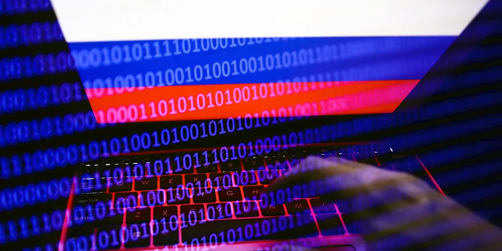 Russian flag displayed on a laptop screen