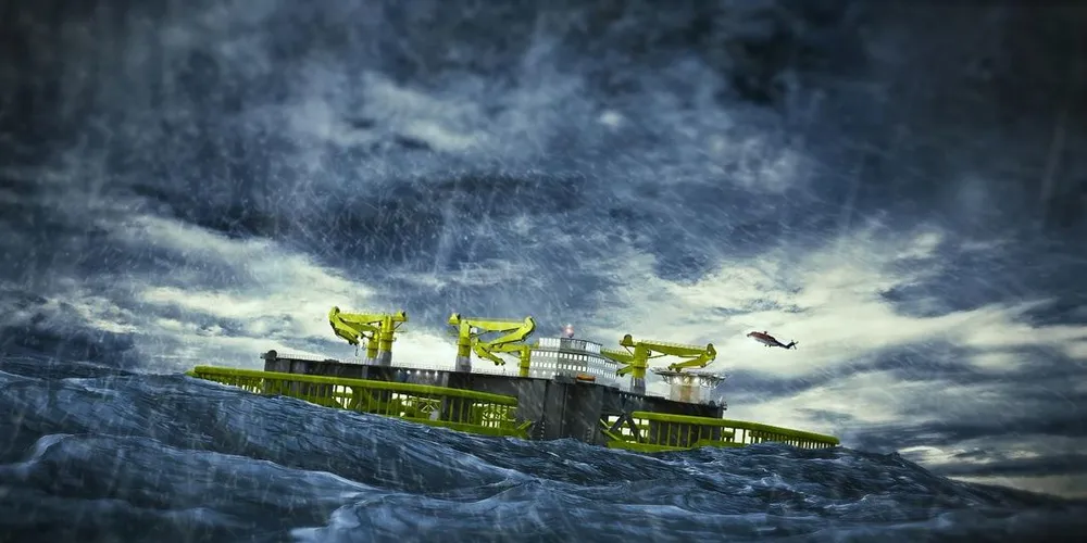 Dette er den foreløpige planen for hvordan den gigantiske havfarmen skal se ut. Offshore-teknologi skal sørge for at anlegget tåler all slags vær. Alle illustrasjoner: Viewpoint Sea-Farm