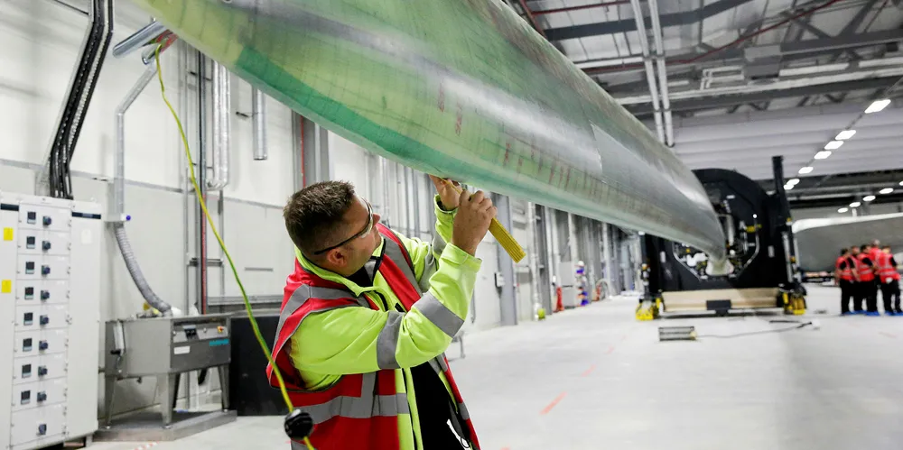 An employee at Siemens Gamesa's blade plant in Hull, England.