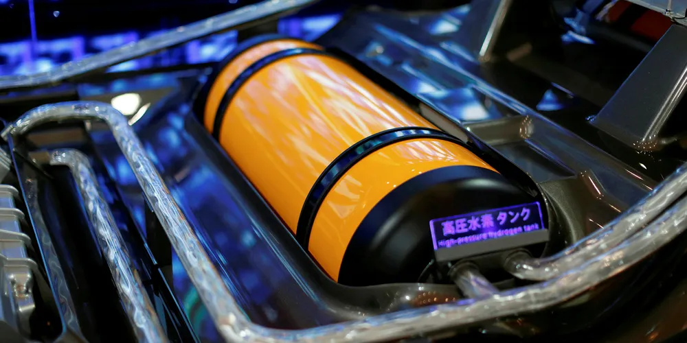A pressurised hydrogen cylinder inside a Toyota Mirai fuel-cell electric car at a company showroom in Tokyo