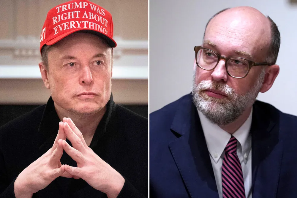 Tek-milliardær og eks-Trumpvenn Elon Musk og Russel Vought, direktør for Office of Management and Budget (OMB).