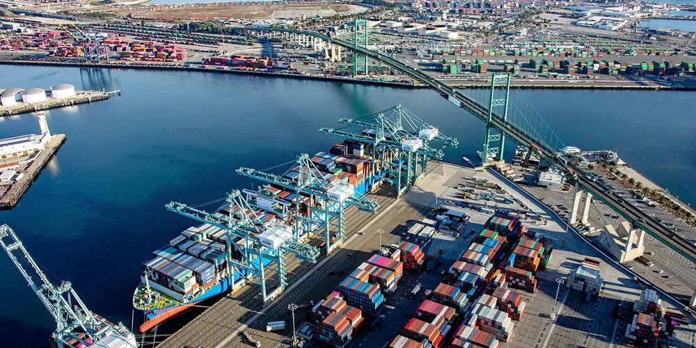 A Cosco Shipping Lines ship calls at the Port of Los Angeles, the busiest container port in the US.
