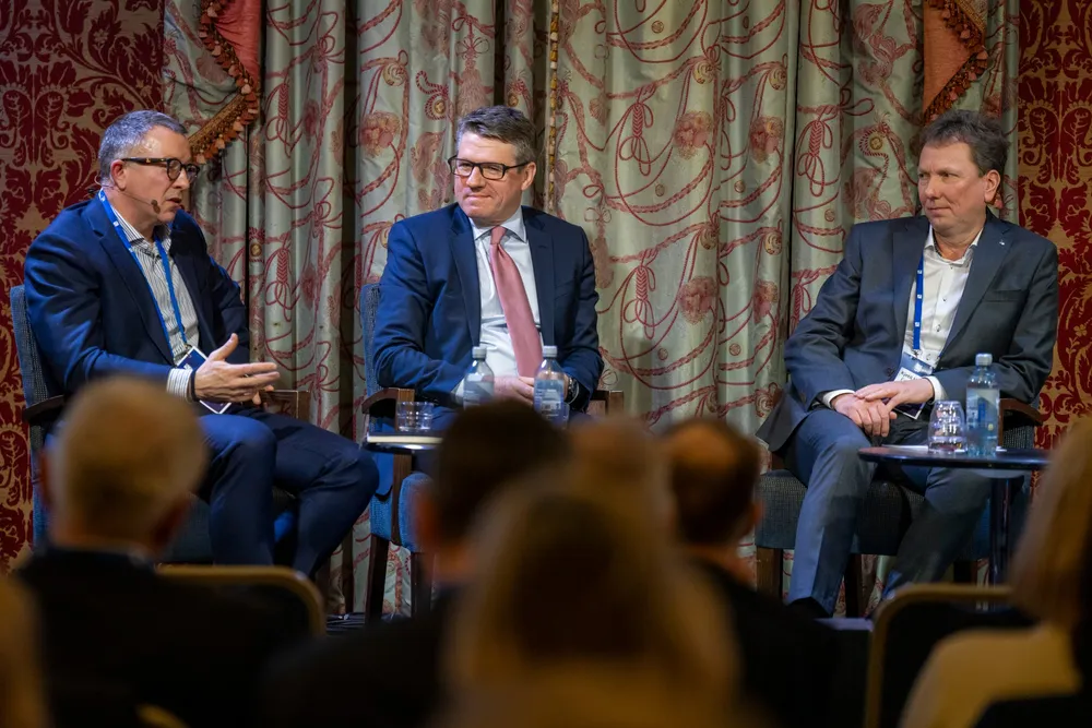 Kjetil Hove, Equinor's head of E&P Norway (far right), Vaar Energi chief executive Nick Walker (centre) and Aker BP chief executive Karl Johnny Hersvik