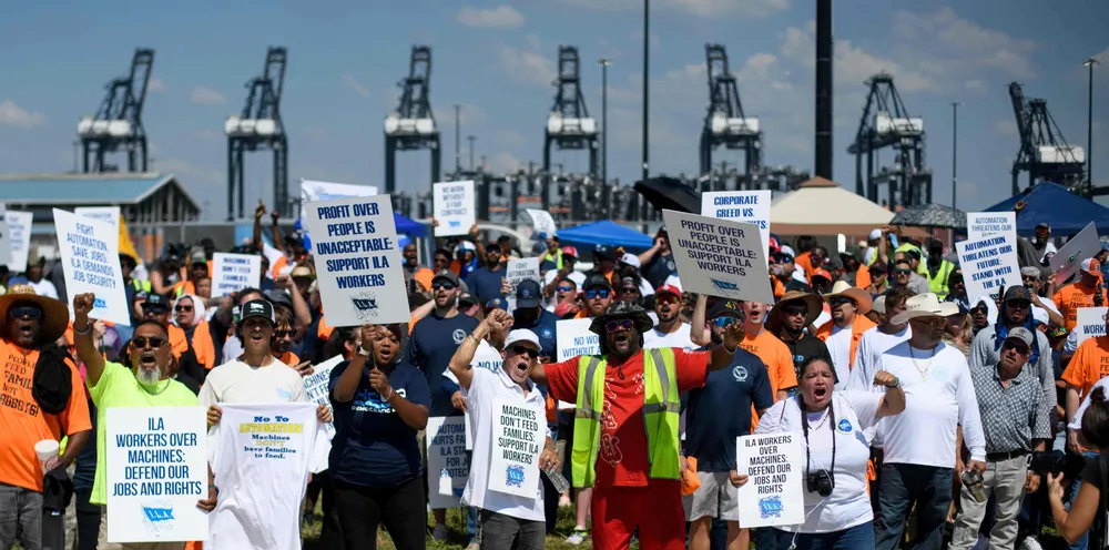 Dockworkers protest at the Bayport Container Terminal in Seabrook, Texas.