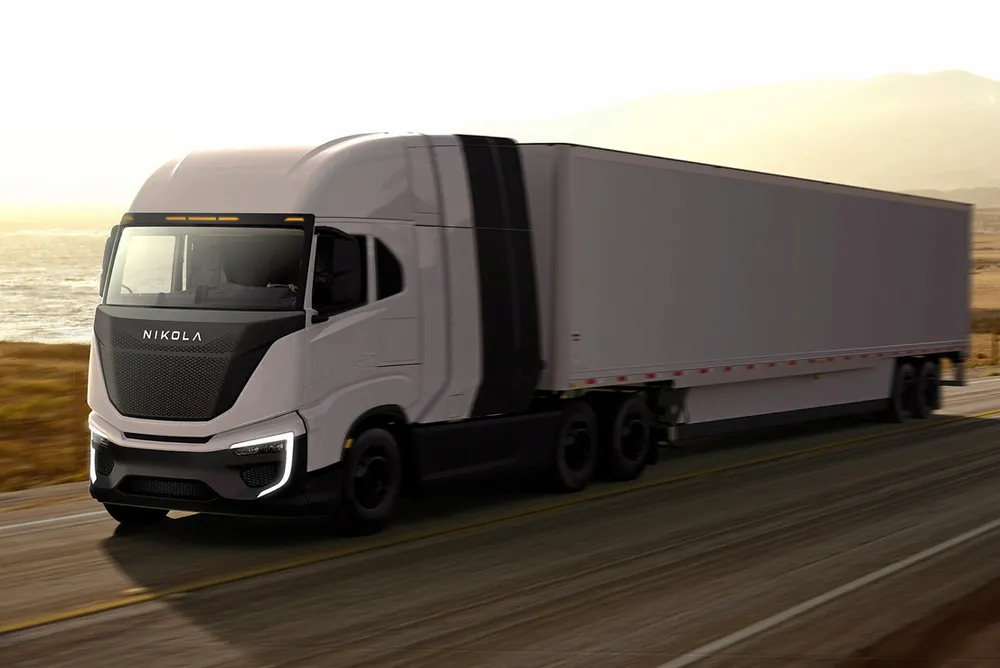 A promotional image of Nikola's hydrogen-powered Tre FCEV truck.