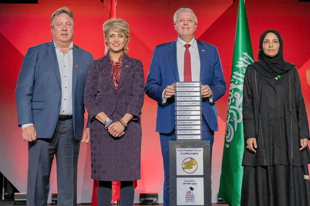 24th WPC closing ceremony: (From left) Denis Painchaud, President of the Organising Committee for Canada; Calgary Mayor Jyoti Gondek; WPC Energy President Pedro Miras; and Manal Al-Sheheel of the Saudi Arabia National Committee Secretary.