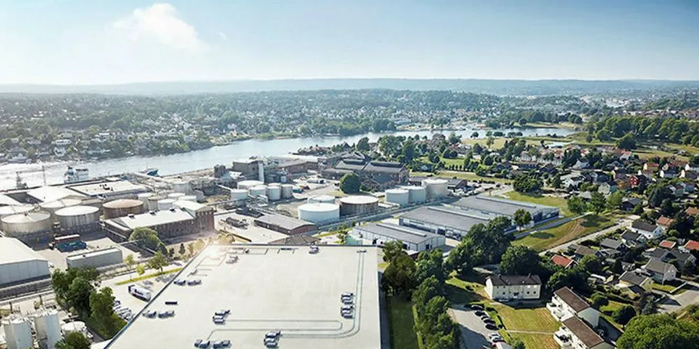 Slik vil Fredrikstad Seafoods anlegg se ut ferdig utbygget. Anleggets fase 1 er straks ferdig, og blir Norges første kommersielle landbaserte matfiskanlegg for laks.Foto: Nordic Aquafarms