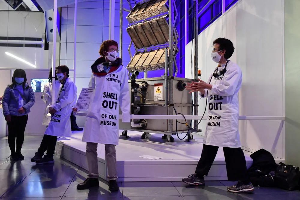 Protest: in May, activists from Extinction Rebellion chained themselves to an exhibit at the Our Future Planet exhibition, sponsored by Shell