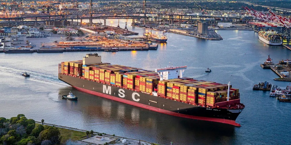 The 23,656-teu MSC Nela (built 2019) at the Port of Long Beach.