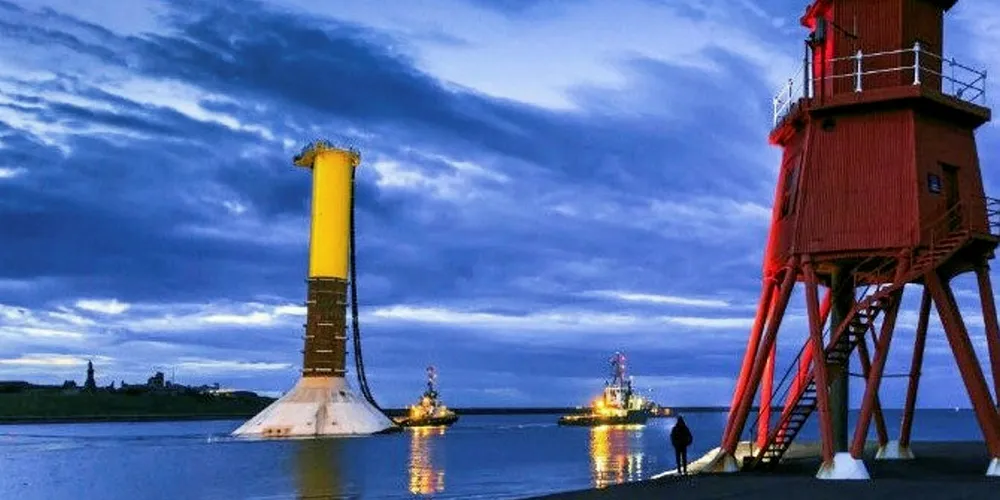 Second of five GBFs for Blyth offshore wind farm, at the Herd Groyne Lighthouse Pier on the River Tyne in Northeast England