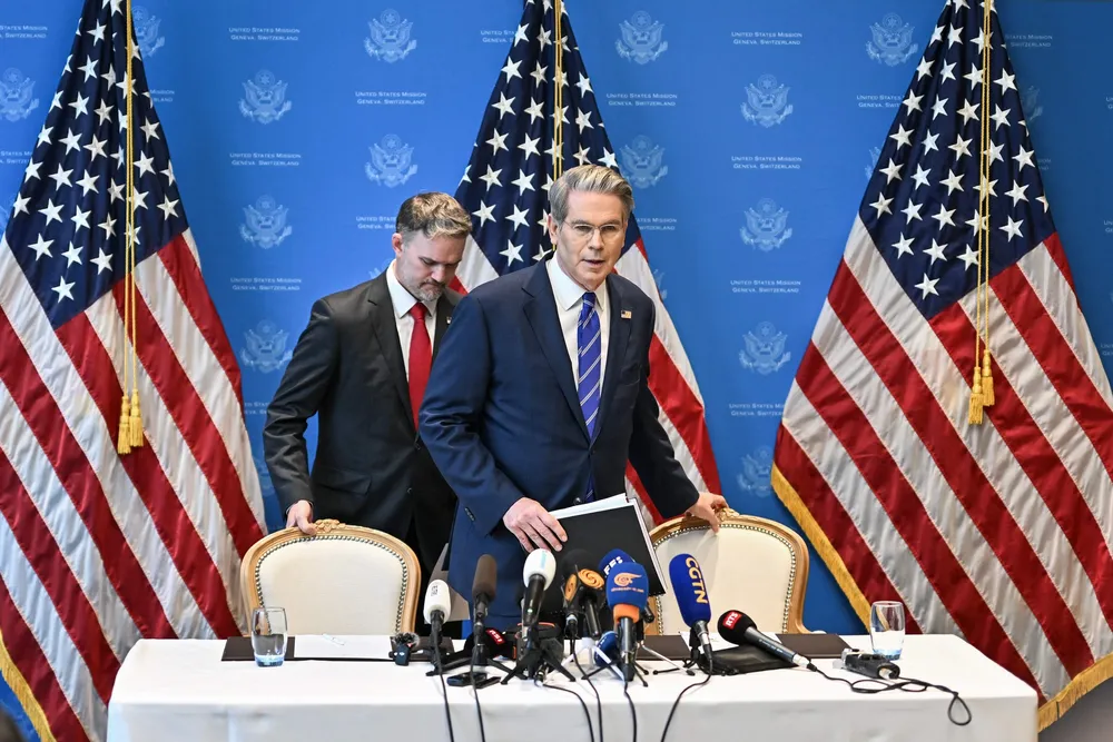 Treasury secretary Scott Bessent (right) and US trade representative Jamieson Greer arrive for a news conference in Geneva on 12 May following trade talks with China.