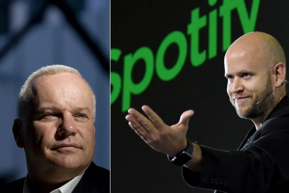 Spotify-gründer Daniel Ek har til gode å levere et positivt årsresultat, men børsverdien av strømmeselskapet har passert Equinor, og Equinorsjef Anders Opedal (til venstre) er nå er på syvende plass i Norden.