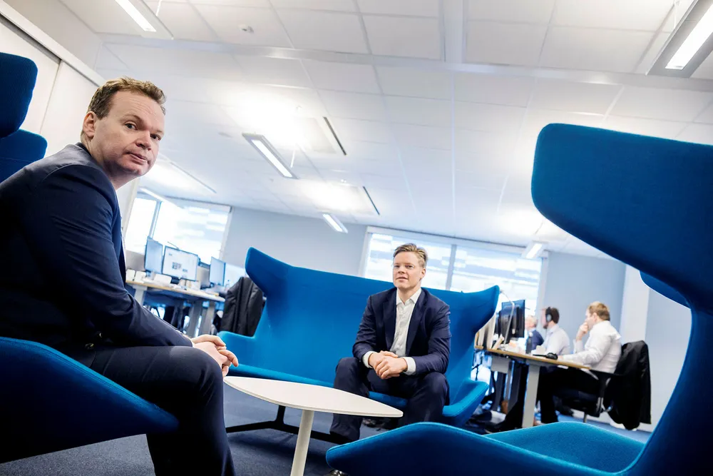 Jon Sigurdsen (til venstre) og Christian Rom fra DNB Miljøinvest er de eneste norske eksterne forvaltere av Oljefondet. Foto: Gunnar Blöndal