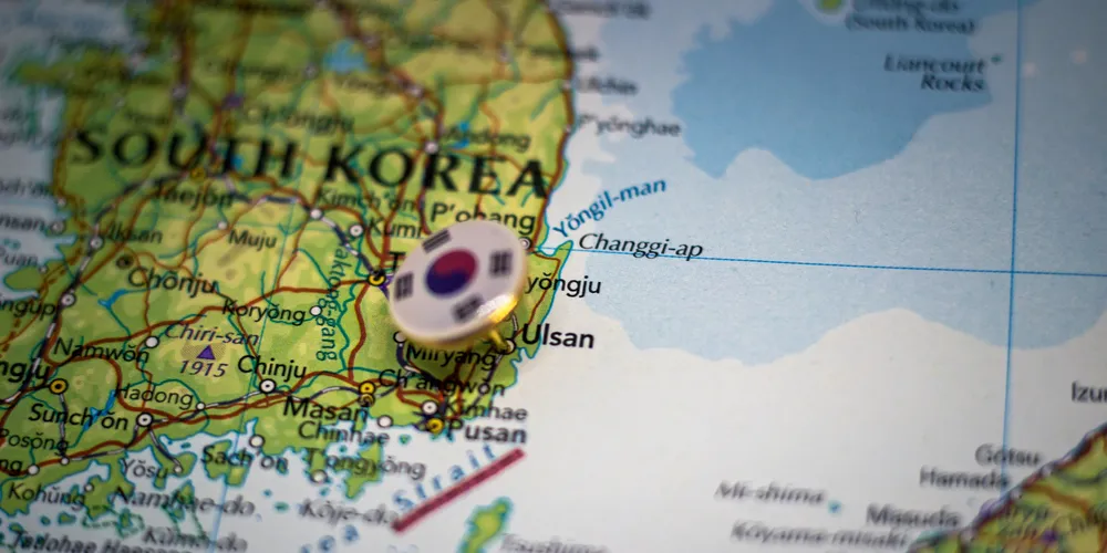 Ulsan pinned on a map with the flag of South Korea . Scotwind Ulsan.