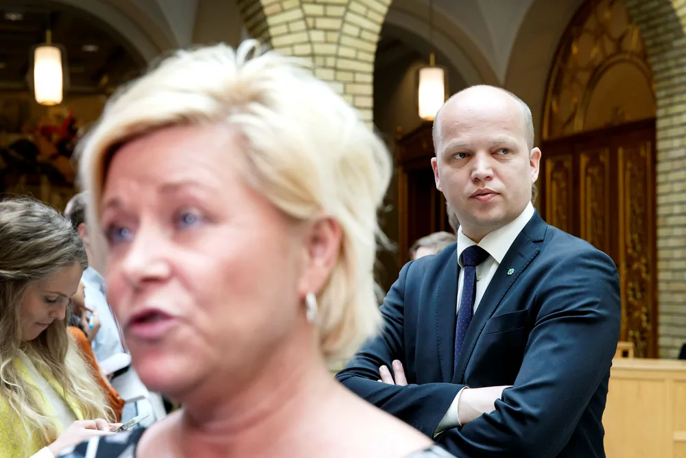 Finansminister Siv Jensens FrP går mest frem i en ny måling, men hun må se seg slått av Sp-leder Trygve Slagsvold Vedum. Foto: Kallestad, Gorm