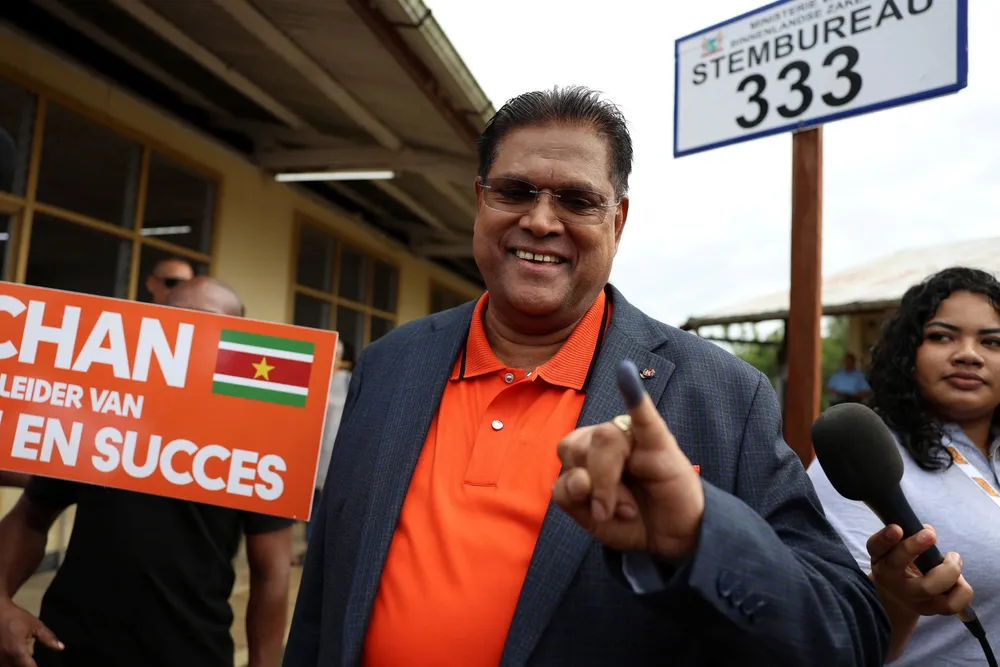 Surinamese President Chan Santokhi after voting at a polling station in Paramaribo, Suriname.
