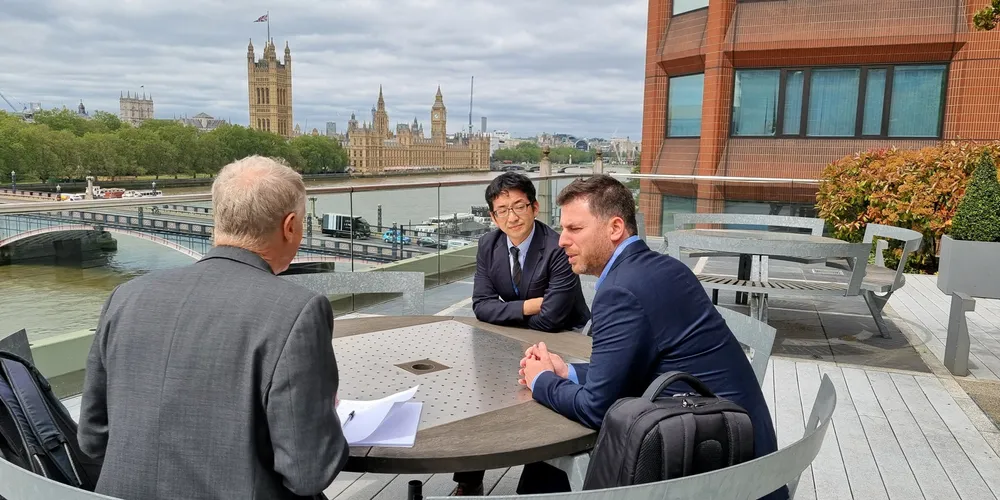 Orca AI co-founder and chief technology officer Dor Raviv (right) with NYK and Jun Nakamura, MTI manager of its autonomous ship team in its maritime & logistics technology group at the International Maritime Organization’s headquarters in London.