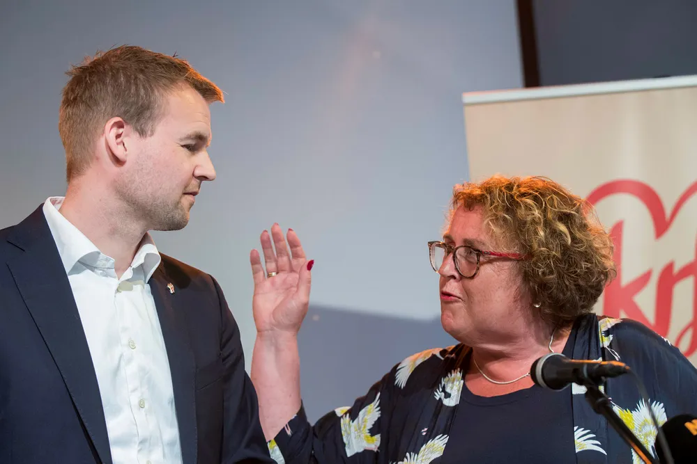 Kjell Ingolf Ropstad og Olaug Bollestad vil i helgen bytte roller. Hun går tilbake som nestleder, og han tar over styringen av partiet. Her er de på pressekonferansen før landsmøtet i Stavanger. Foto: Vidar Ruud/NTB Scanpix