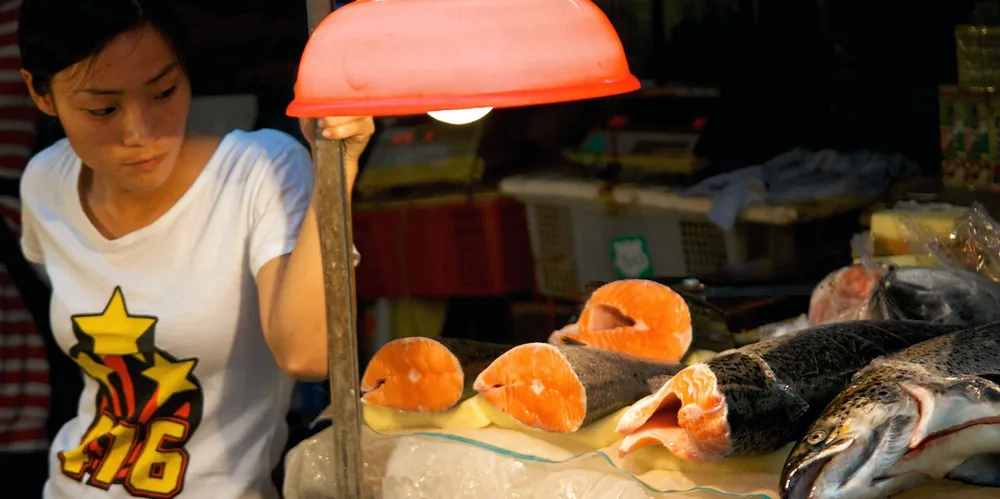 Laks på Huangsha sjømatmarked i Guangzhou i Kina.