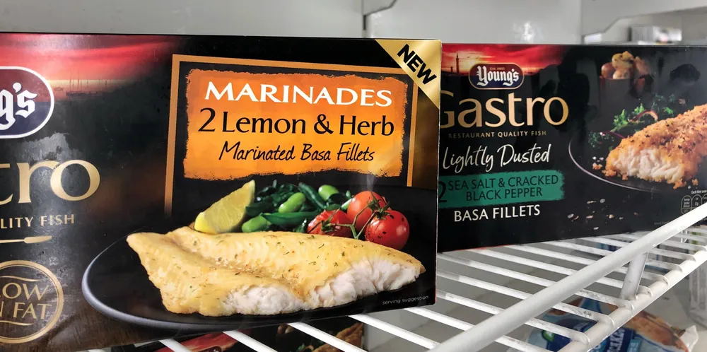 Young's basa Gastro range products in UK retail freezer.
