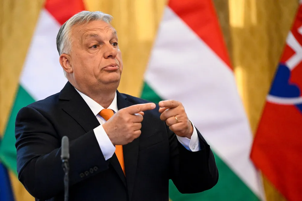 Ungarns statsminister Viktor Orban på en pressekonferanse i Bratislava 28. april.