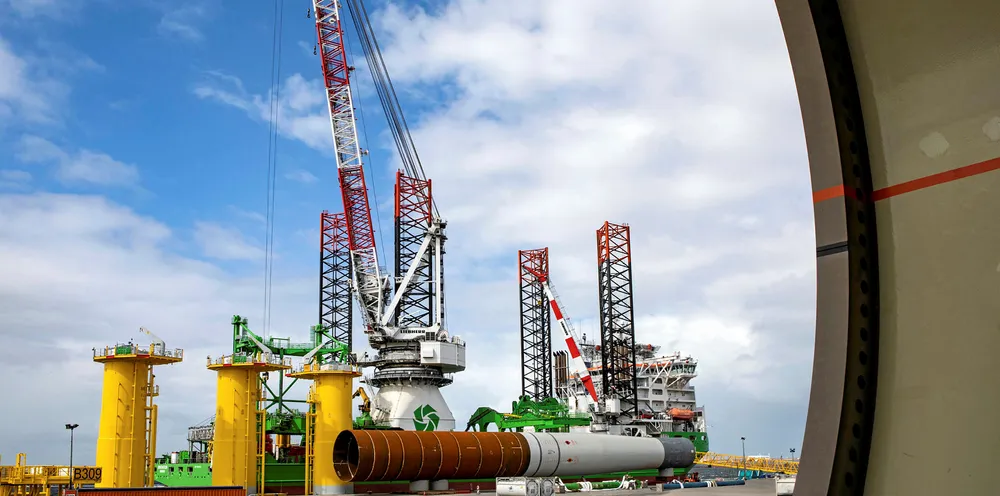 Deme Innovation being loaded in Sif's Rotterdam yard with foundations for the SeaMade wind farm off Belgium