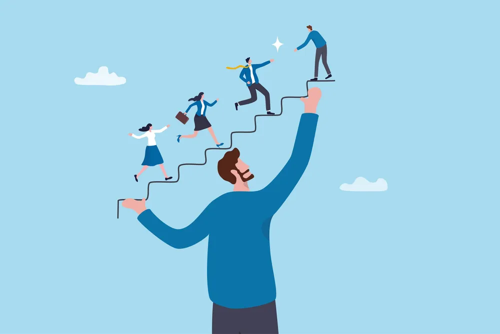 Support employee to reach success and career growth, mentor or coaching help employee engagement, working community, teamwork or career development, businessman manager help colleague growing stair.