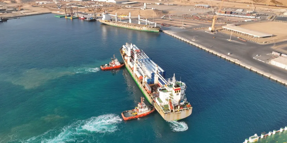 Envision wind turbines delivered to the port of Neom, formerly known as Duba, in Saudi Arabia.