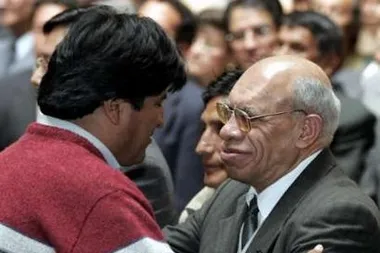 Pointing the finger: Bolivian President Evo Morales (left) embraces his new Minister of Hydrocarbons Andres Soliz Rada