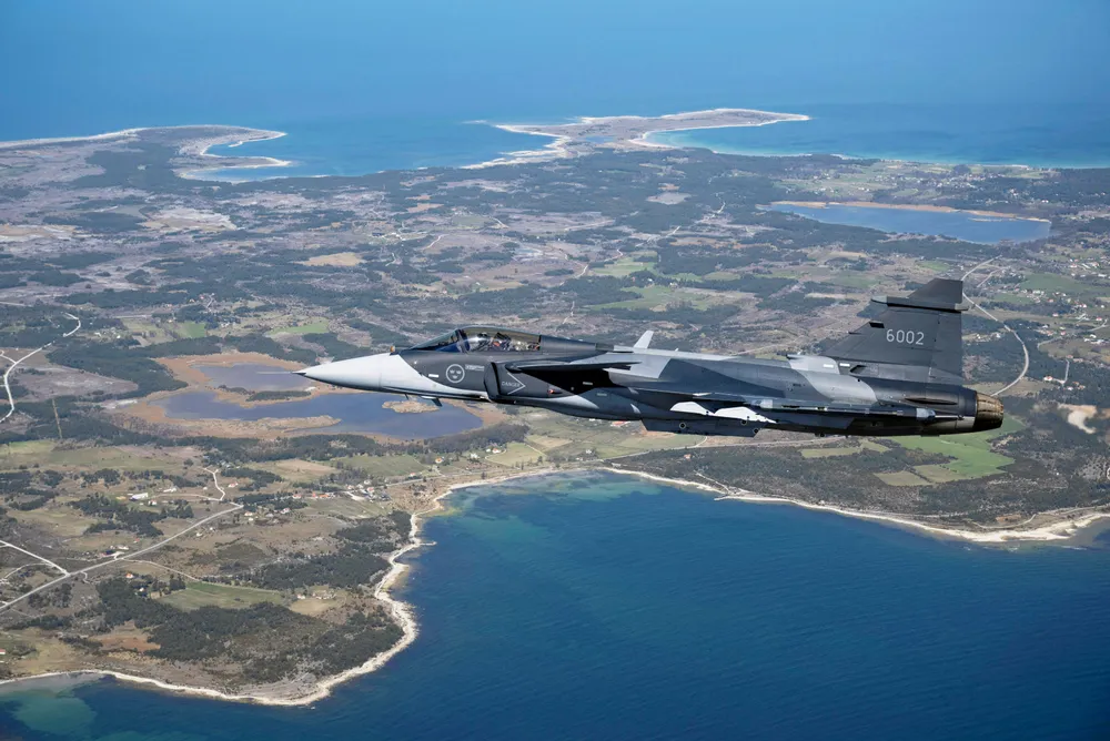 A Swedish jet fighter flies over Gotland island in the Baltic Sea.