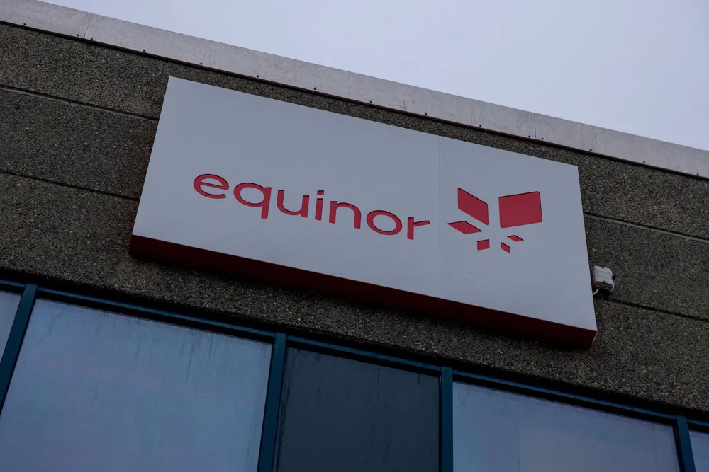 The logo of Equinor at the entrance of its office building in Hammerfest in Norway