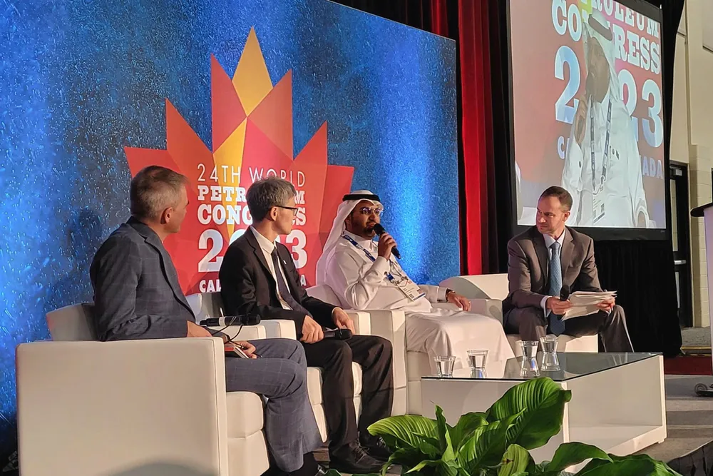 Rayad Alharbi, senior specialist at the Saudi Ministry of Energy, second from right, addressing a panel discussion at WPC in Calgary on Wednesday.