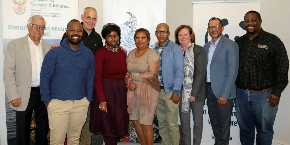 Representatives of SADSTIA, WWF and DAFF launched the internship program in Cape Town. Pictured from left are, Johann Augustyn, secretary of SADSTIA; Madoda Khumalo, strategic services executive at Sea Harvest and head of SADSTIA’s Scientific Committee; Morné du Plessis, CEO of WWF-South Africa; Fisokuhle Mbatha, SADSTIA research assistant; Glenda Raven, director of the WWF Graduate Internship Programme; Belemani Semoli, acting director general of the Fisheries Branch of DAFF; Sue Middleton, chief director of Fisheries Operations Support in the Fisheries Branch of DAFF; Terence Brown, operations director of Sea Harvest and chairman of SADSTIA; and Saasa Pheeha, acting chief director of Fisheries Research & Development in the Fisheries Branch of DAFF.