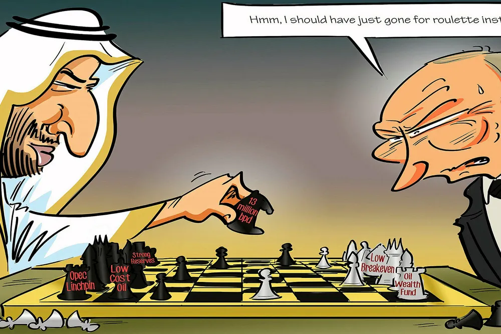 Dangerous game: oil prices were knocked out this week after Saudi Arabia countered Russia's initial move in a bid to claim checkmate in the crude market