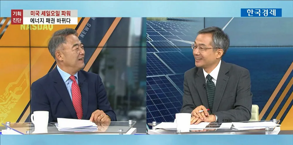 Senior government energy adviser Heejip Kim, left, on Korean television in October.