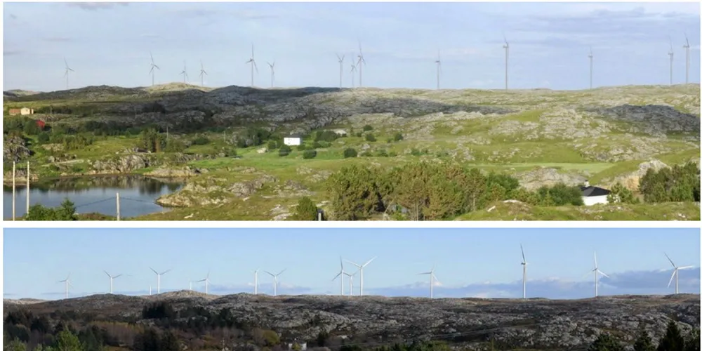 Slik er forskjellen på visualiseringen (øverst) og den faktiske utsikten fra Nordskag mot vindkraftparken på Frøya i Trøndelag.