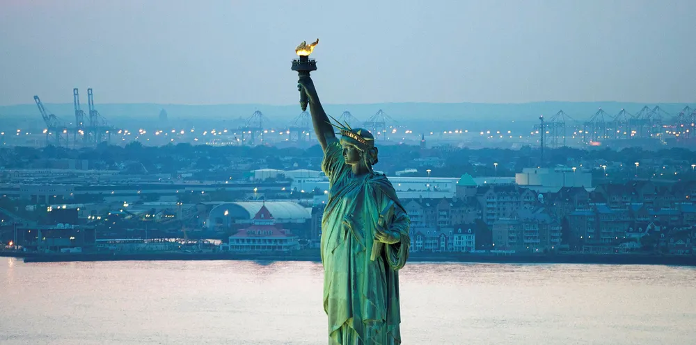 An aerial view of the Statue of Liberty.