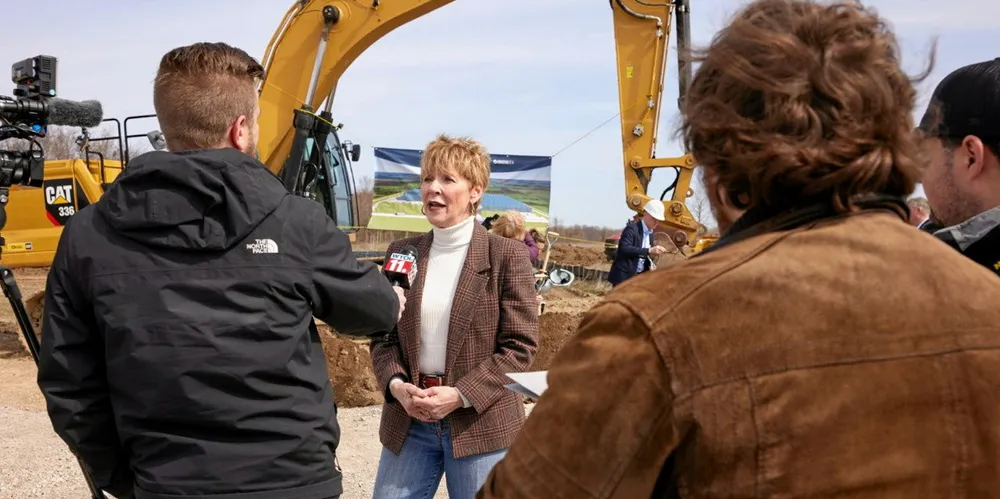 AquaBounty CEO Sylvia Wulf at the company's ground-breaking for its 10,000 metric-ton facility in Pioneer, Ohio on April 20.