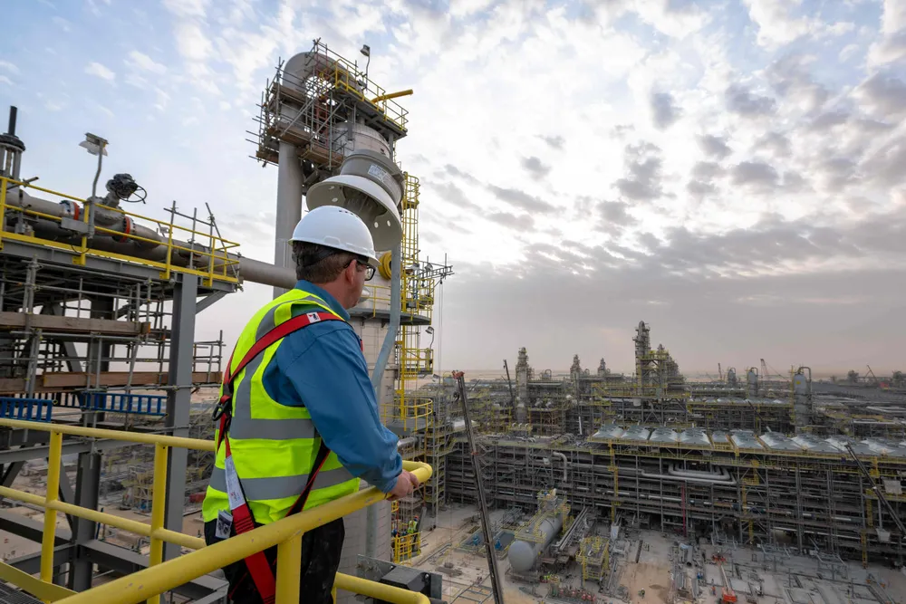 A worker at Aramco's Fadhili gas plant project.