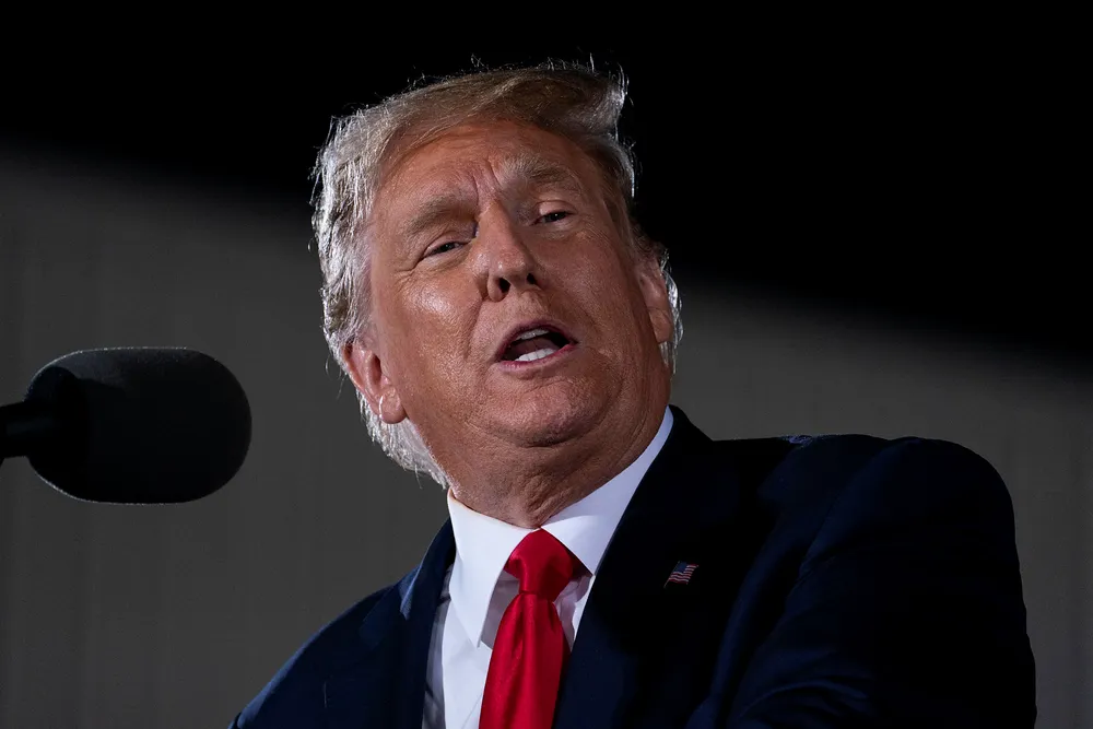 President Donald Trump speaks during a campaign rally at Middle Georgia Regional Airport, Friday, Oct. 16, 2020, in Macon, Ga. (AP Photo/Evan Vucci)