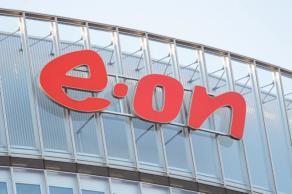 A close-up of E.On's logo on its headquarters in Essen, Germany