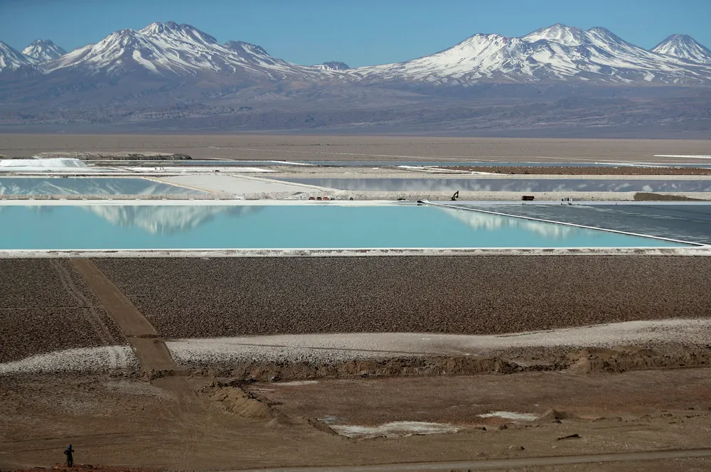 Lithium: brine pools from a lithium mine in the Atacama desert, Chile