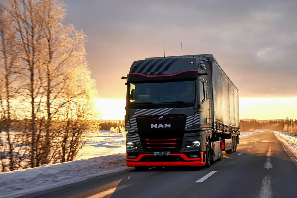 A MAN battery electric truck undergoing winter testing.