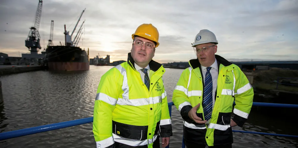 Scottish energy minister Paul Wheelhouse (left) at Leith's Imperial Dry Dock in 2018 in Leith, Scotland
