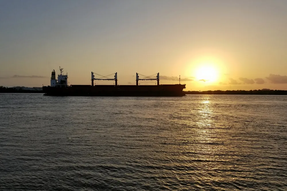 A bulker transits the Mississippi River at New Orleans.